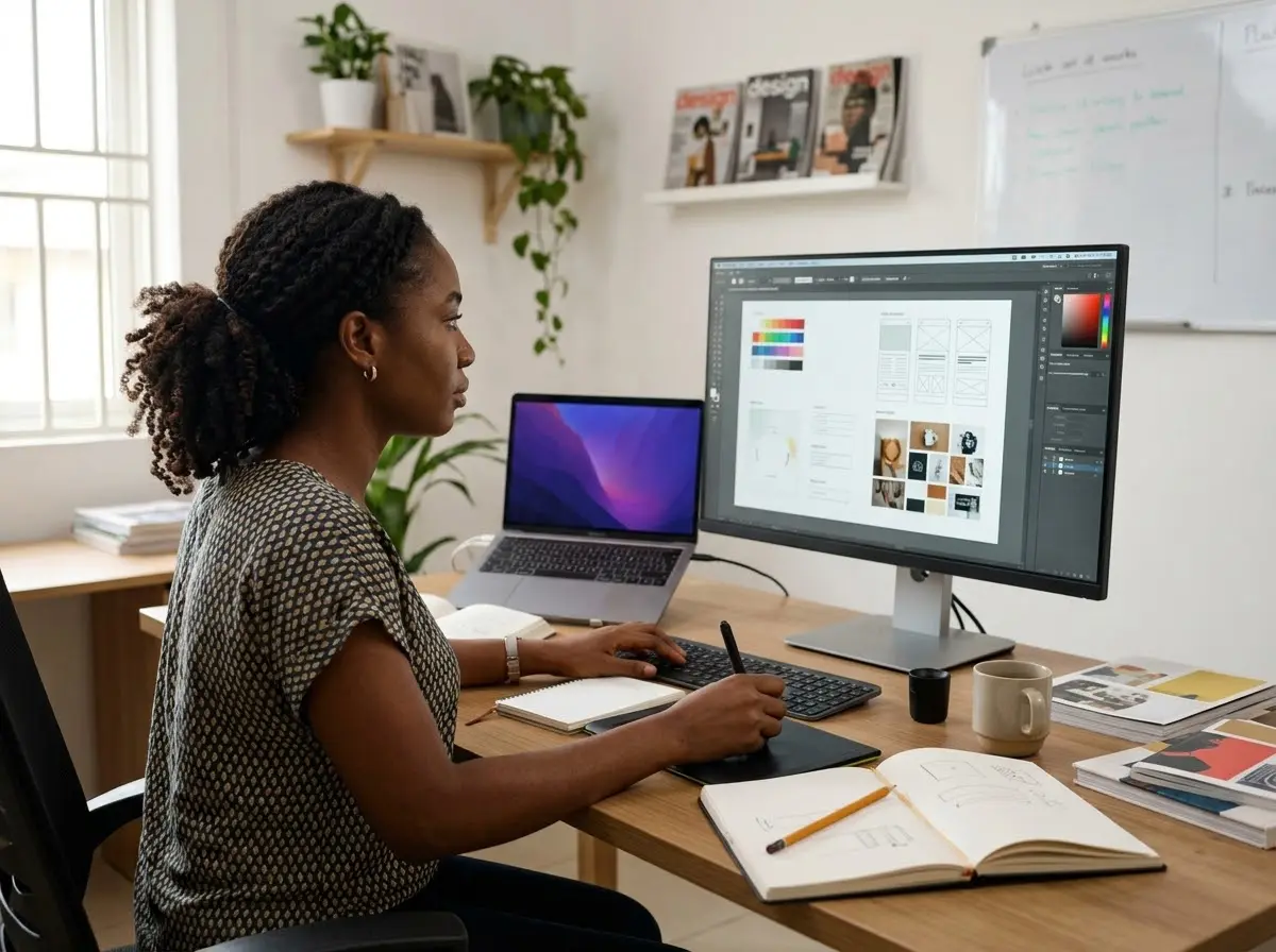 A woman graphic designer works on a monitor with a graphics tablet