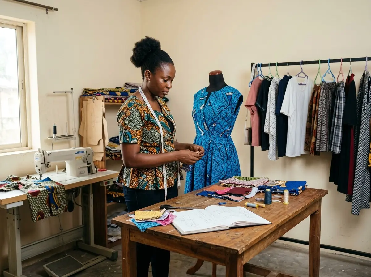 A female fashion designer at her sewing table