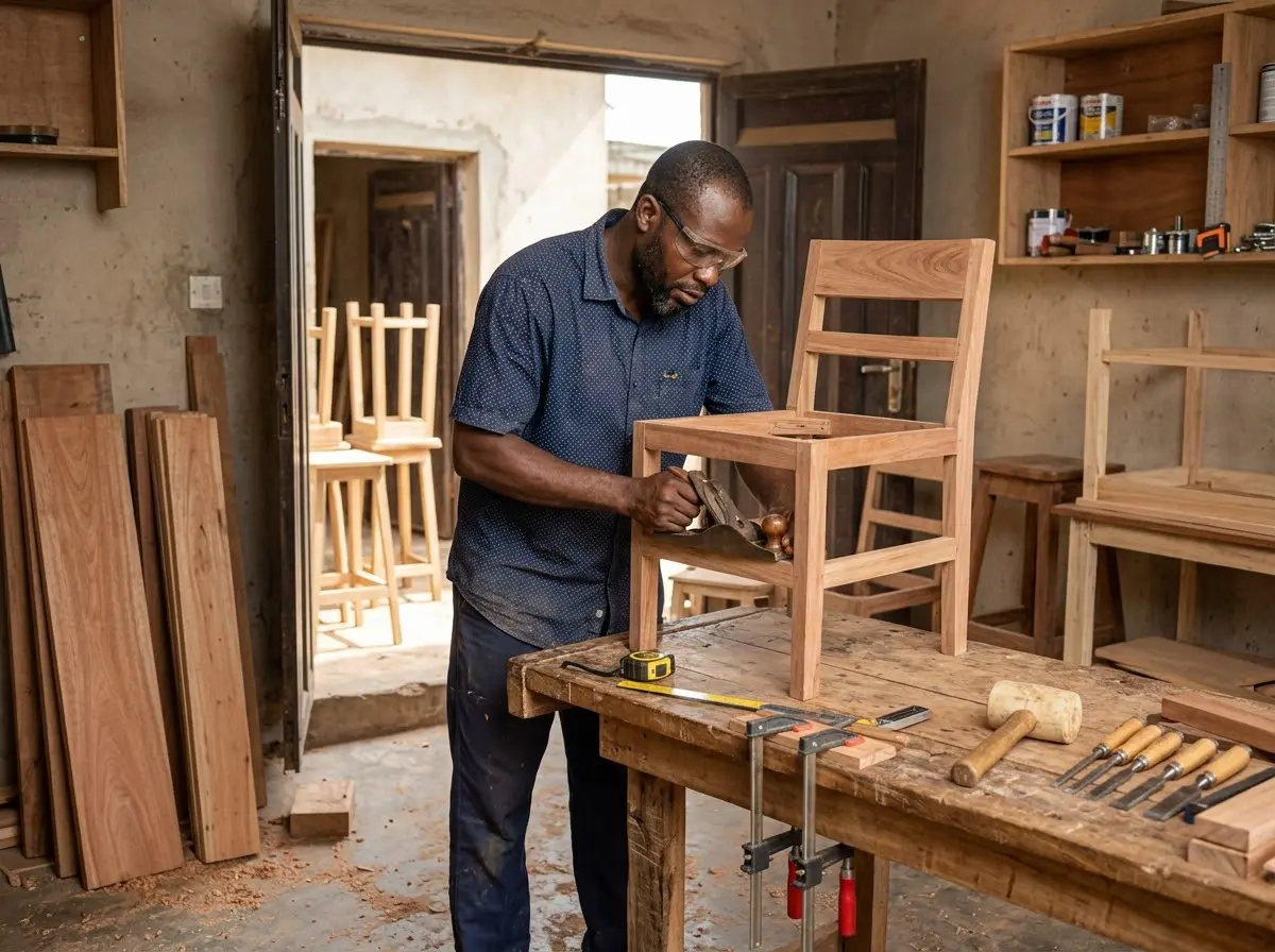 A furniture maker builds a wooden chair