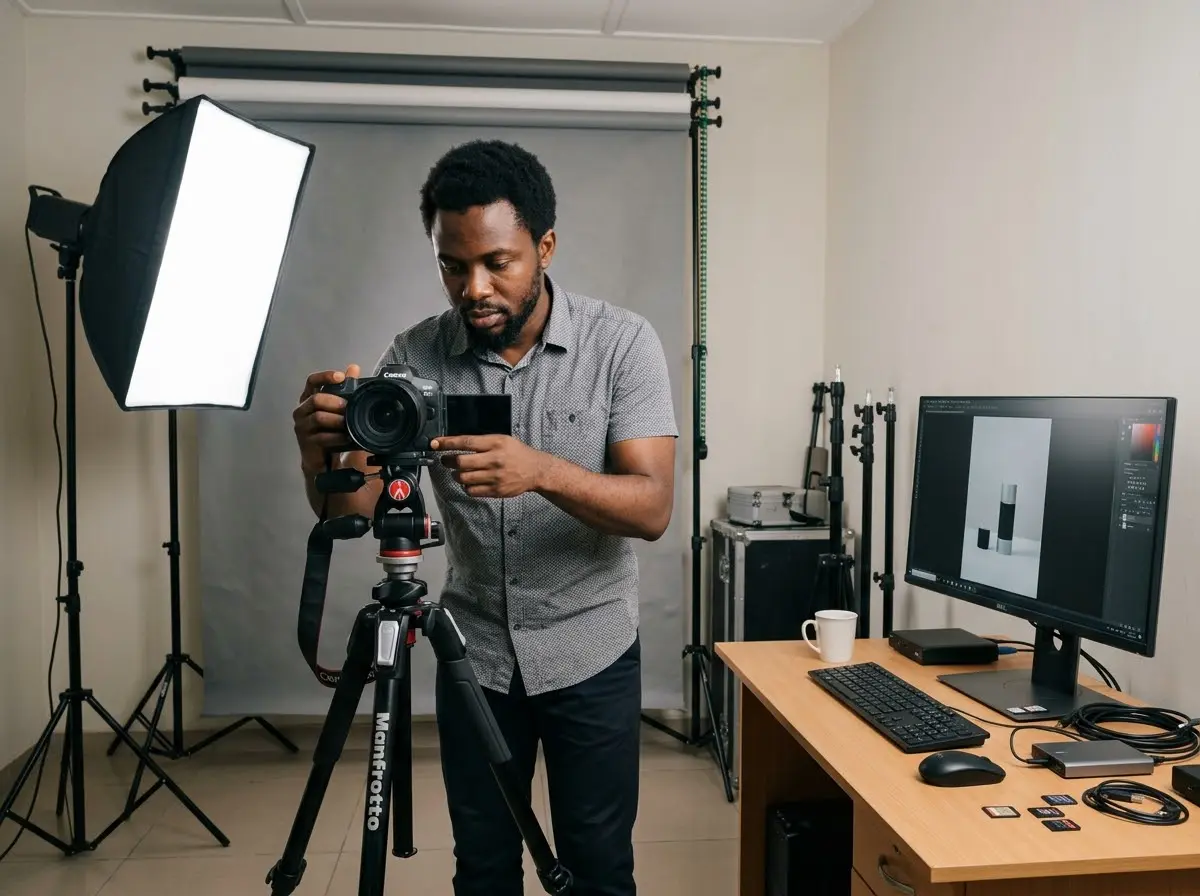 A photographer works with studio lights and a camera