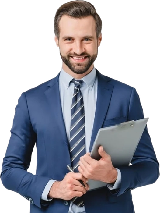 A friendly agent in a suit holding a clipboard