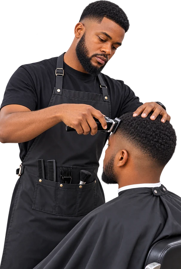 A barber trimming a customer's hair