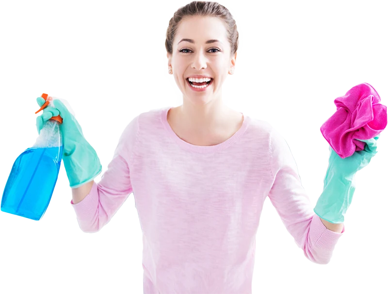 A cheerful cleaner with spray and cloth