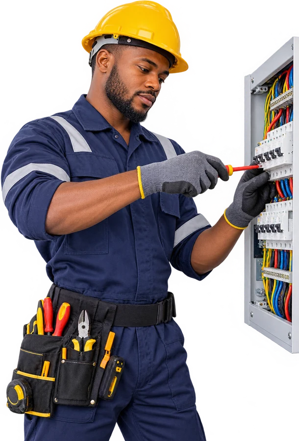 An electrician working on a wiring panel