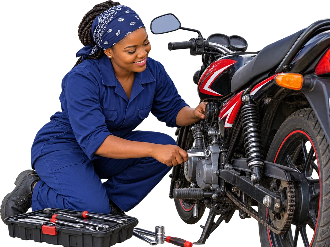 A woman mechanic repairing a motorbike