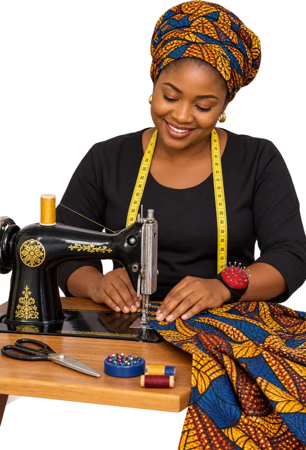A tailor sewing a colourful dress