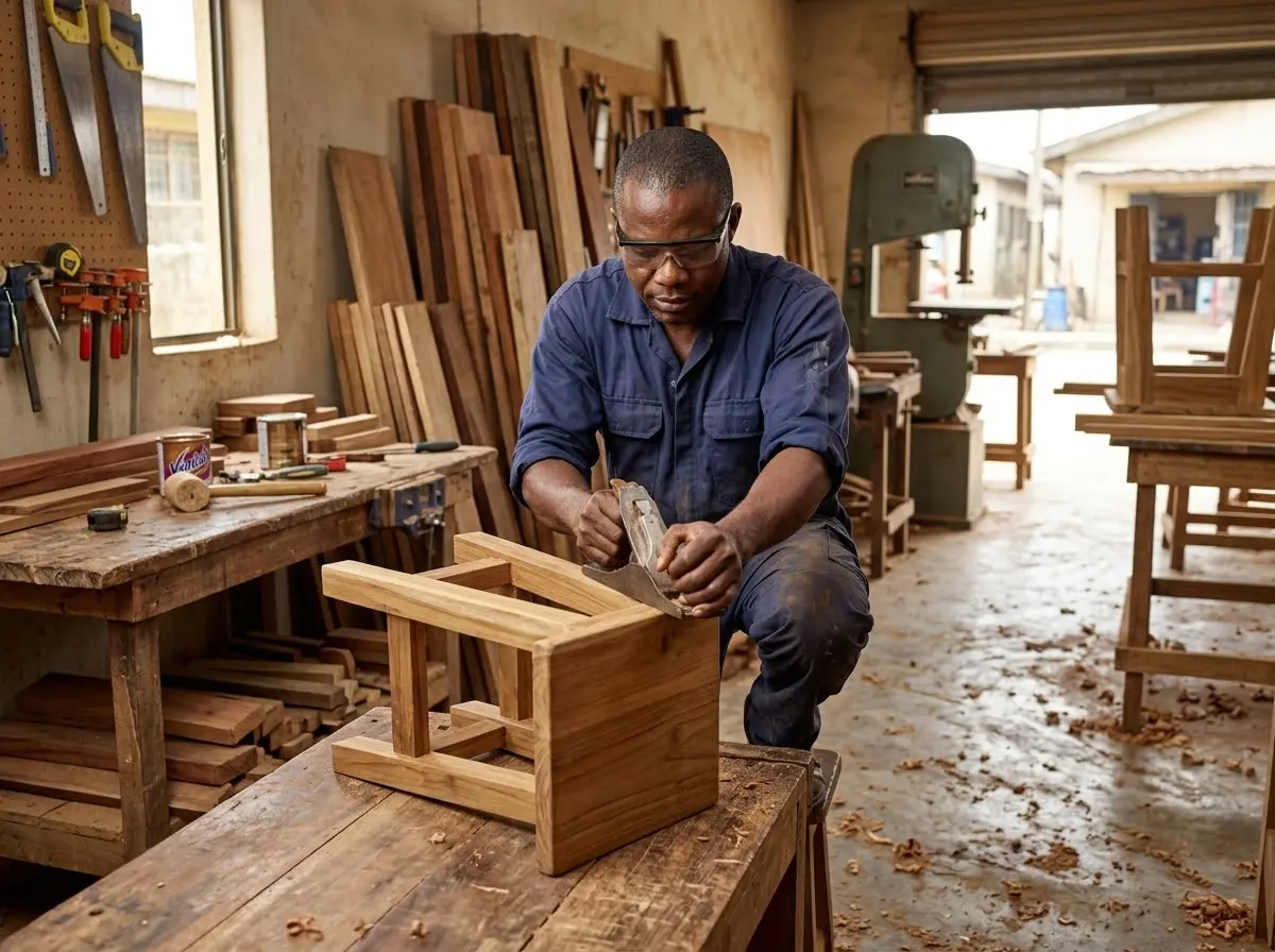 A carpenter shapes a wooden box in a workshop