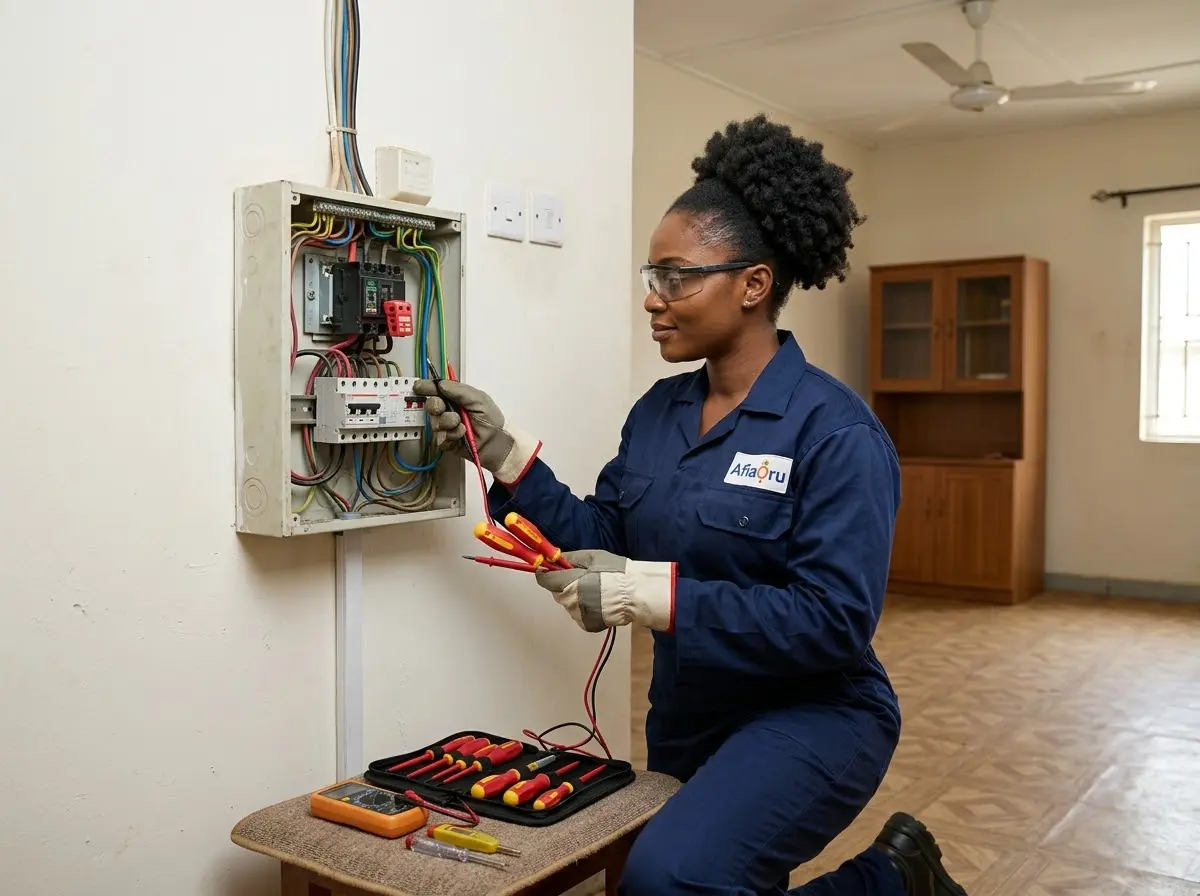 An electrician checks a fuse box with a tester