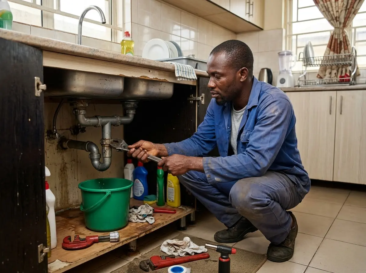A plumber fixes a kitchen sink pipe