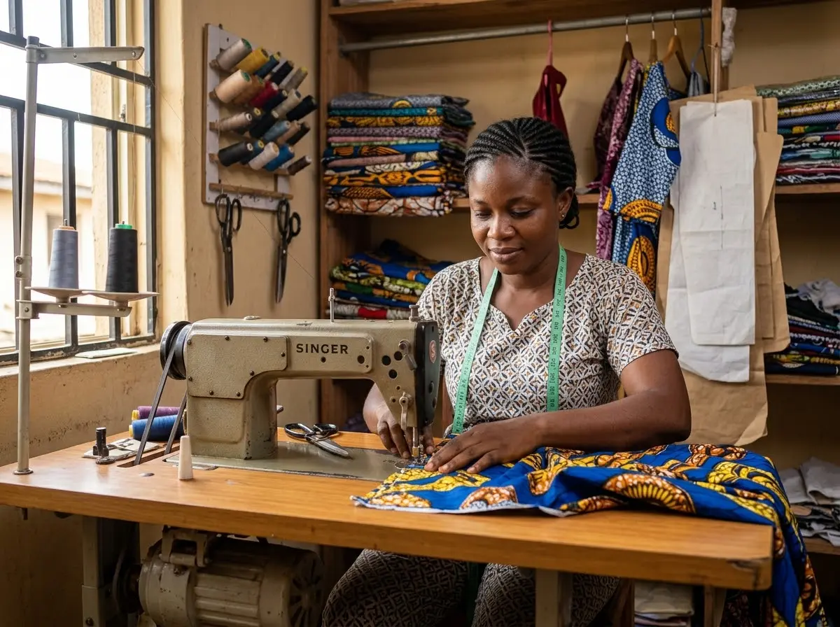A tailor sews fabric at a sewing machine