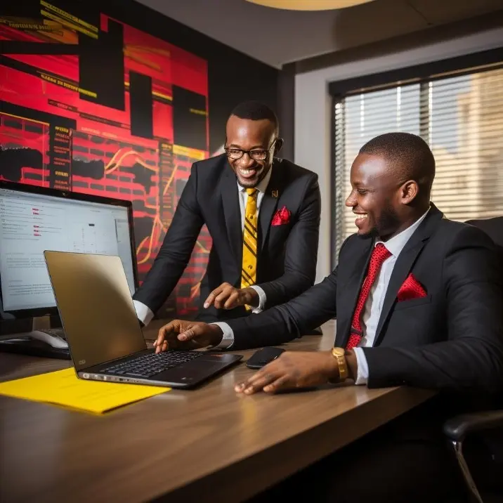Two men reviewing a plan at a laptop